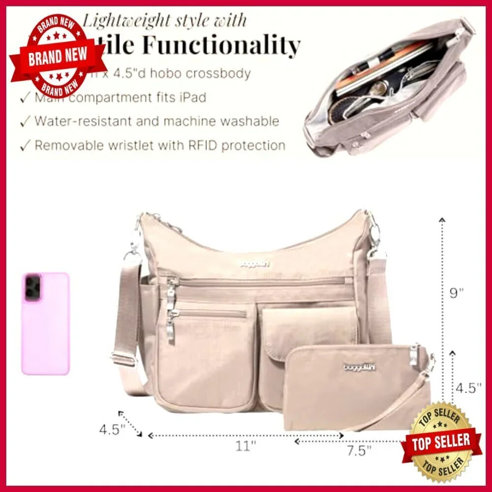 Modern Crossbody Hobo Bag RFID Blocking Water Resistant 11x9x4.5